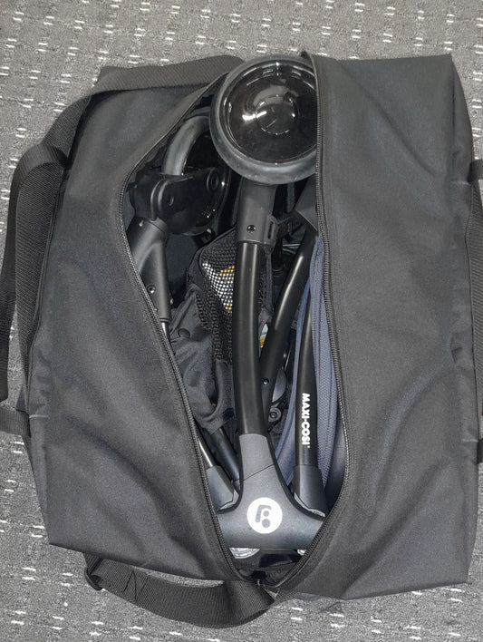 Genesis Travel Bag showing specific pram nestled inside and the extra wide opening design for ease of access
